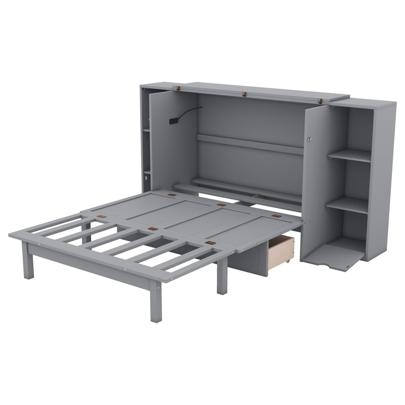 Full Size Murphy Bed with Shelves, Drawers and USB Ports,Gray