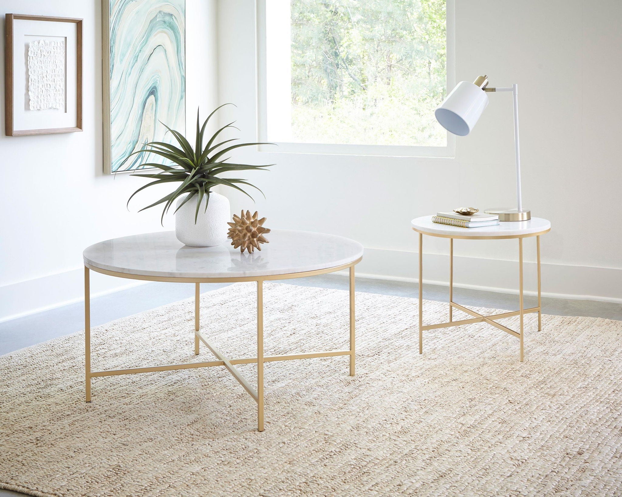 Ellison 2-piece Round Marble Coffee and End Table Set White - Atlantic Fine Furniture Melbourne FL