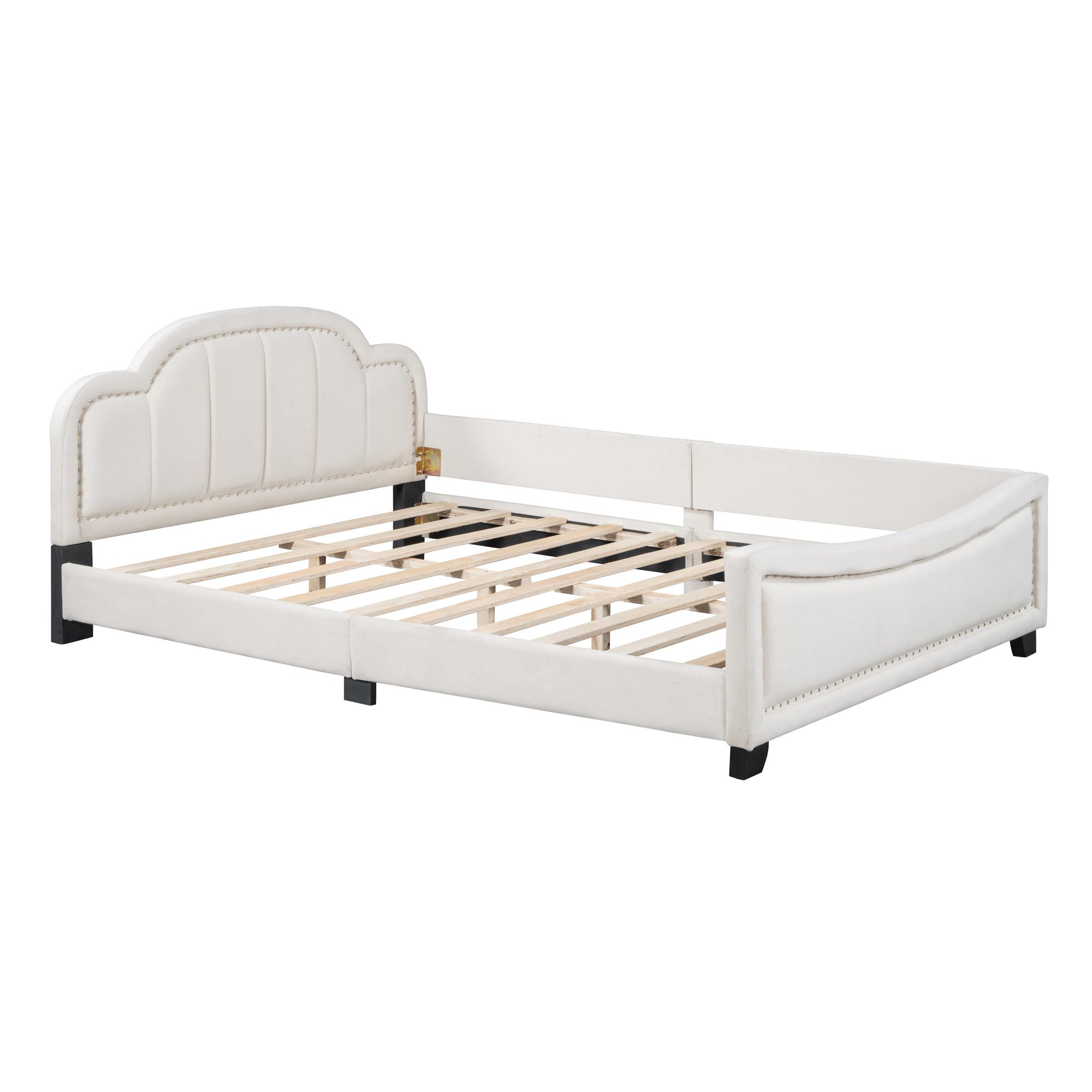 Full Size Upholstered Daybed with Cloud Shaped Headboard, Embedded Elegant Copper Nail Design, Beige - Atlantic Fine Furniture Melbourne FL