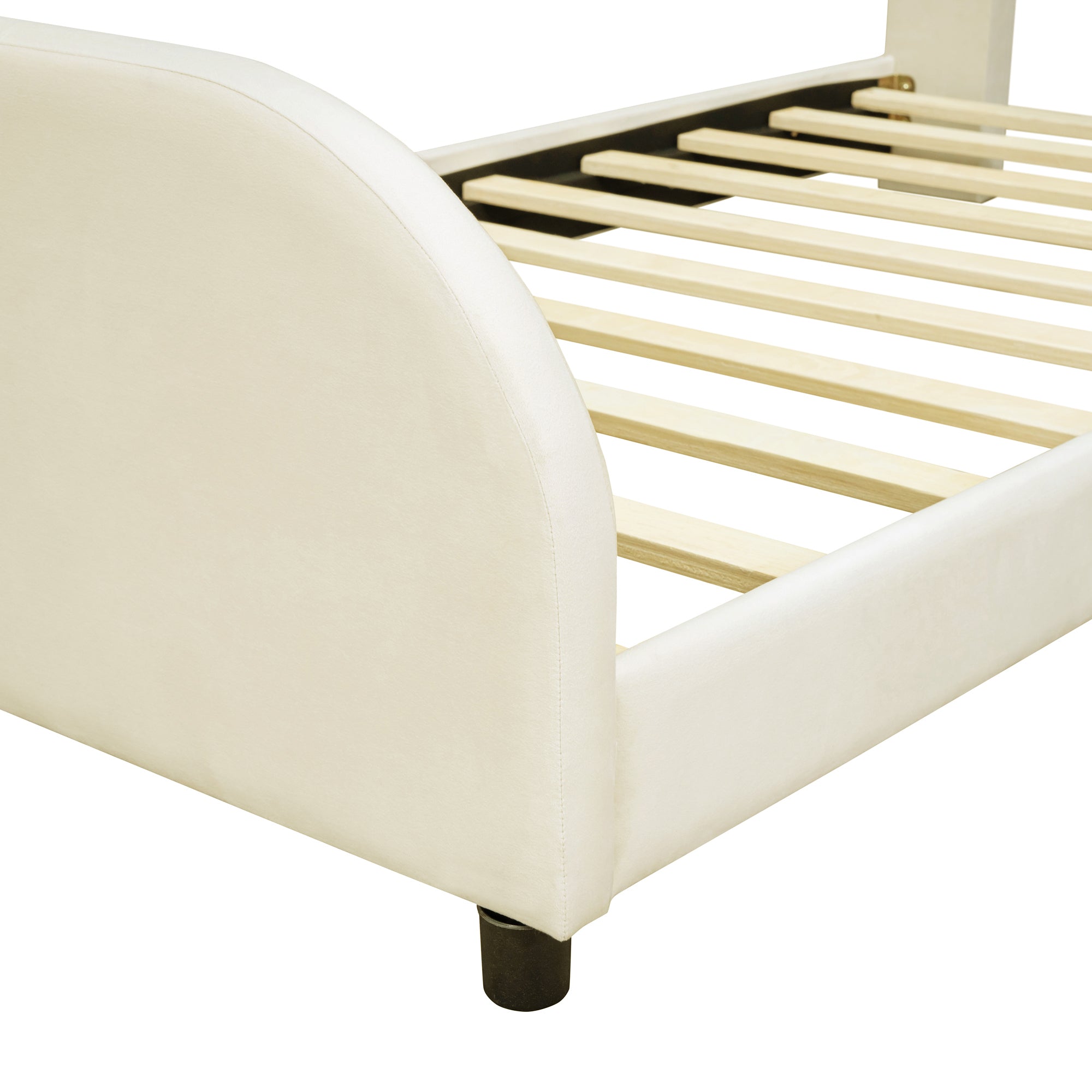 Twin Size Upholstered Platform Bed with Bear-Shaped Headboard and Embedded Light Stripe, Velvet, Beige - Atlantic Fine Furniture Melbourne FL