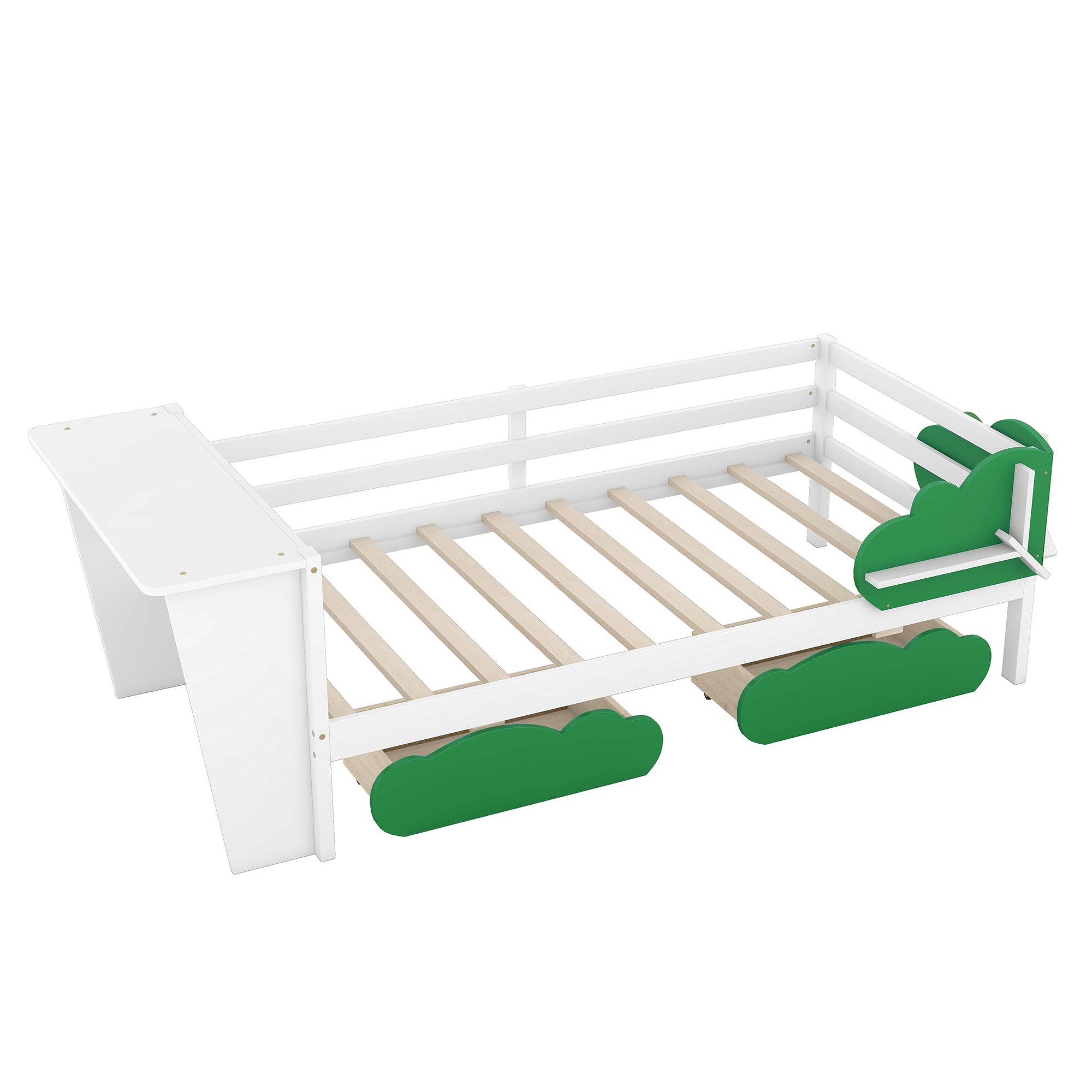Twin Size Daybed with Desk, Green Leaf Shape Drawers and Shelves, White - Atlantic Fine Furniture Melbourne FL