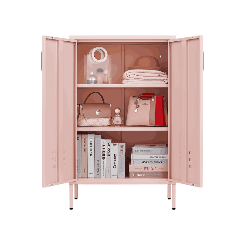 Pink Steel Double Door Cabinet With Handles, With Removable Dividers And Adjustable Height. Suitable For Living Room, Office, Bedroom, Study And Other Places - Pink