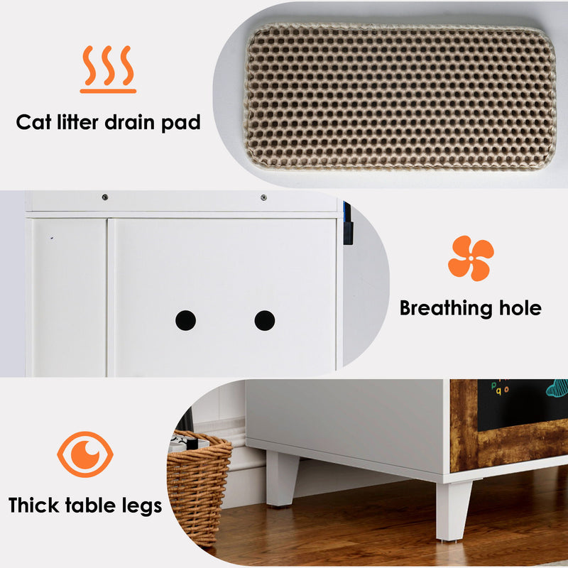 Graffiti The Litter Box Enclosure With 2 Storage Shelves And 1 Doors, Hidden Cat Litter Box Enclosure Furniture With Shelf, Indoor Cat House Furniture For Most Of Litter Box - White