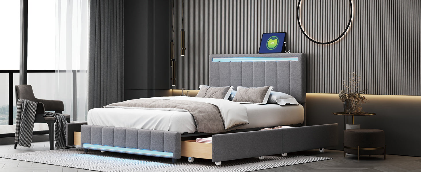 Full Size Upholstered Bed with LED Light and 4 Drawers,  Modern Platform Bed with a set of Sockets and USB Ports, Linen Fabric, Gray - Atlantic Fine Furniture Melbourne FL