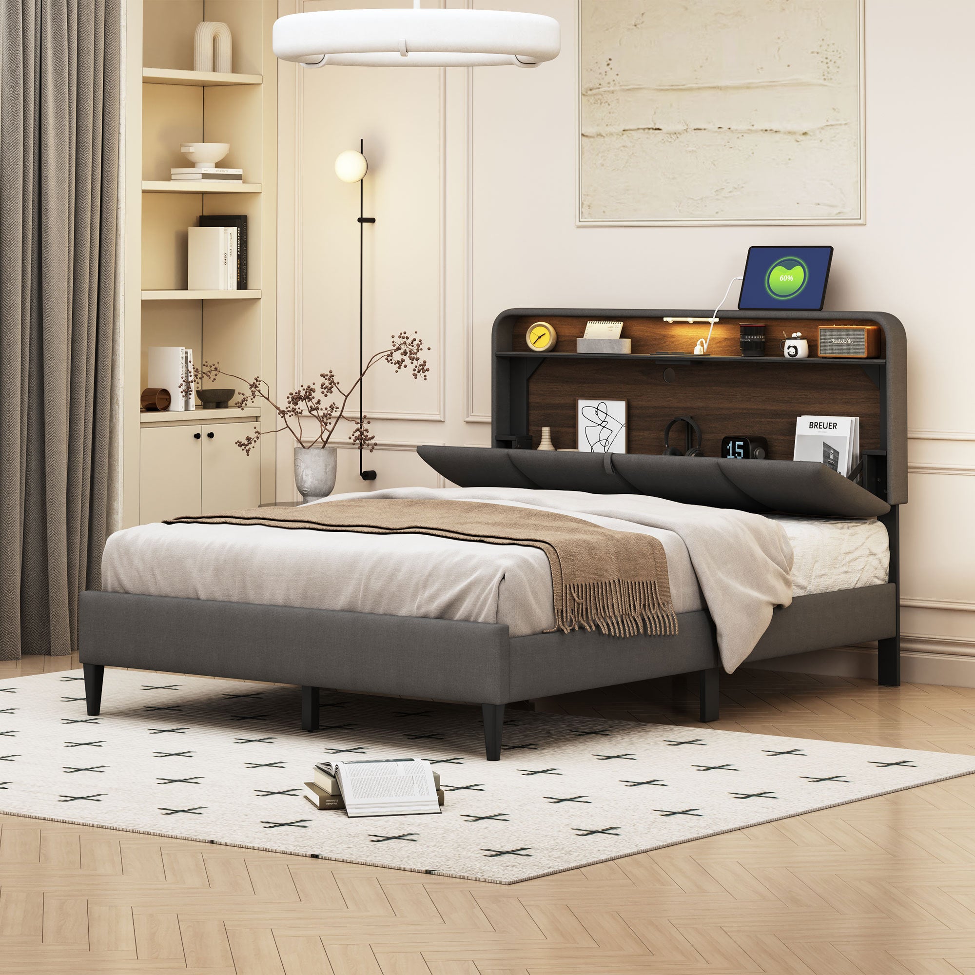Full size Upholstered Platform Bed with Storage Headboard, Sensor Light and a set of Sockets and USB Ports, Linen Fabric, Gray - Atlantic Fine Furniture Melbourne FL