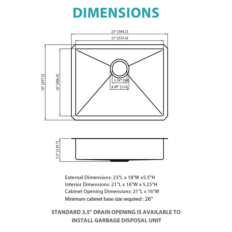 Ada-Compliant 23" Undermount Sink, Low Depth Single Bowl - Brushed Nickel