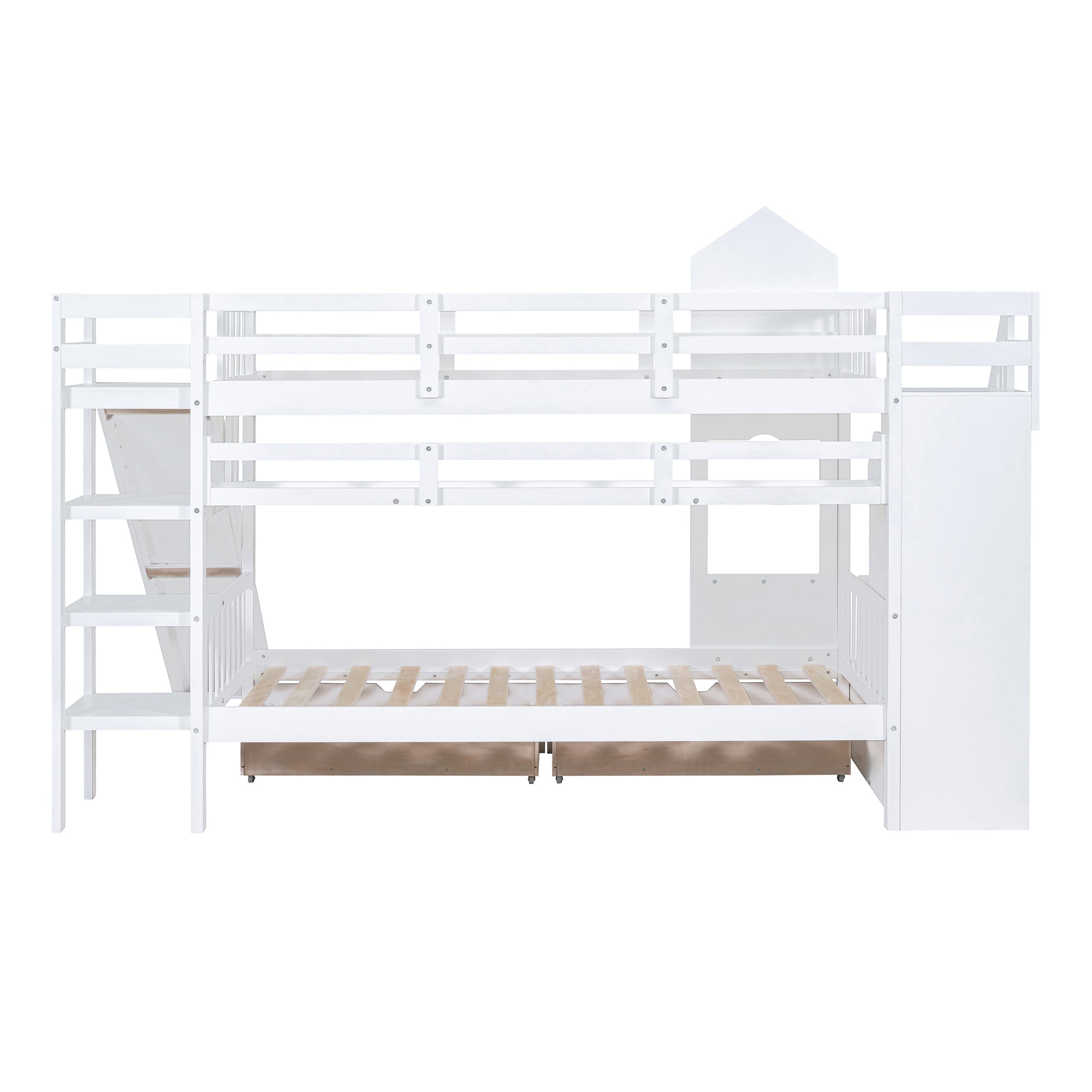 Twin-Over-Twin Castle Style Bunk Bed with 2 Drawers 3 Shelves and Slide - White - Atlantic Fine Furniture Melbourne FL