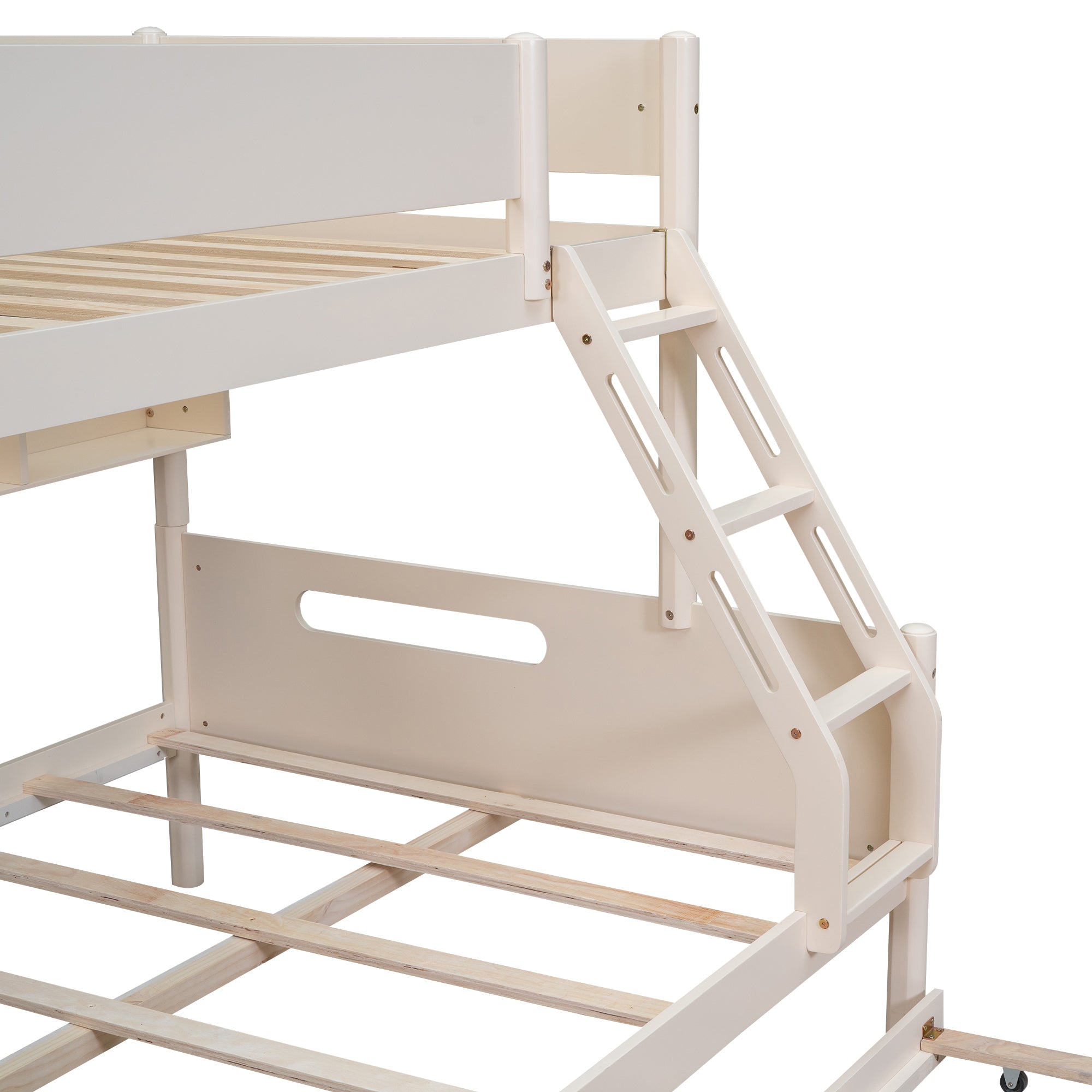Wood Twin over Full Bunk Bed with Storage Shelves and Twin Size Trundle, Cream - Atlantic Fine Furniture Melbourne FL