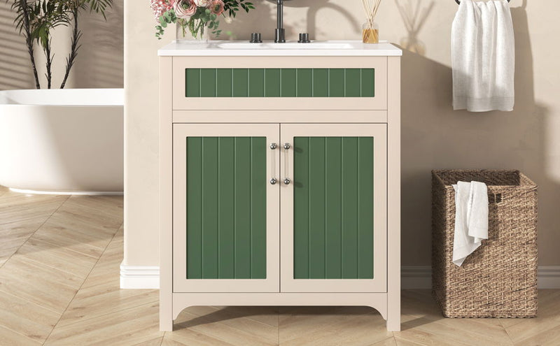 Bathroom Vanity Cabinet With Ceramic Sink Combo Set, Frame Modern Bathroom Storage Cabinet With Height Adjustable Shelf - Beige / Green