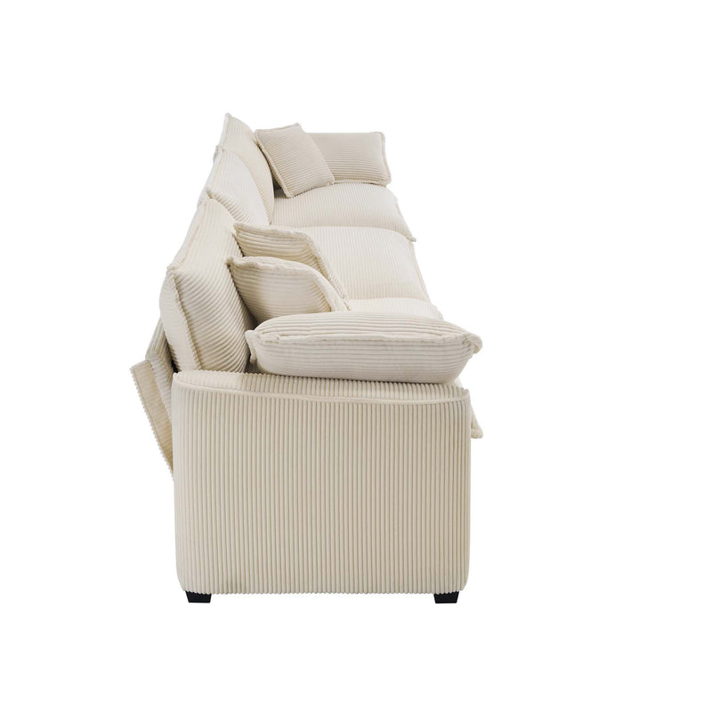 Modern Upholstered 4 Seater Corduroy Fabric Sofa With Arm And Throw Pillows