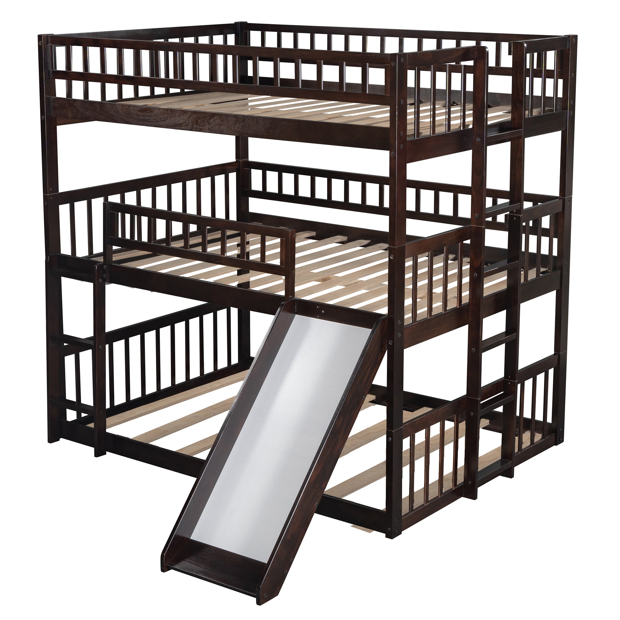 Full-Over-Full-Over-Full Triple Bed with Built-in Ladder and Slide , Triple Bunk Bed with Guardrails, Espresso(OLD SKU :LP000052AAP) - Atlantic Fine Furniture Melbourne FL