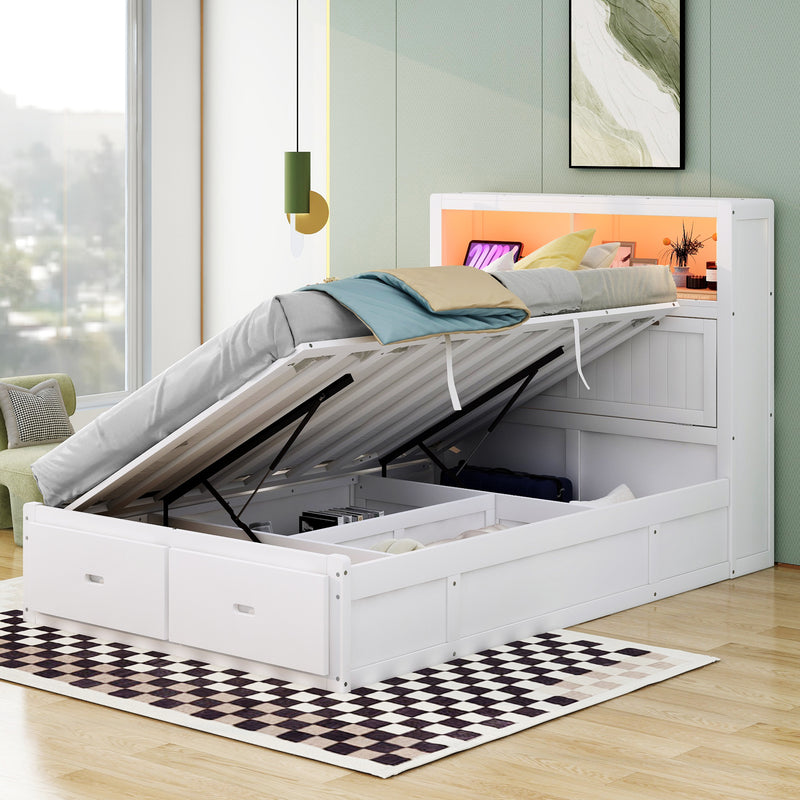 Wood Full Size Hydraulic Platform Bed with Storage LED Headboard, Charging Station and 2 Drawers, White