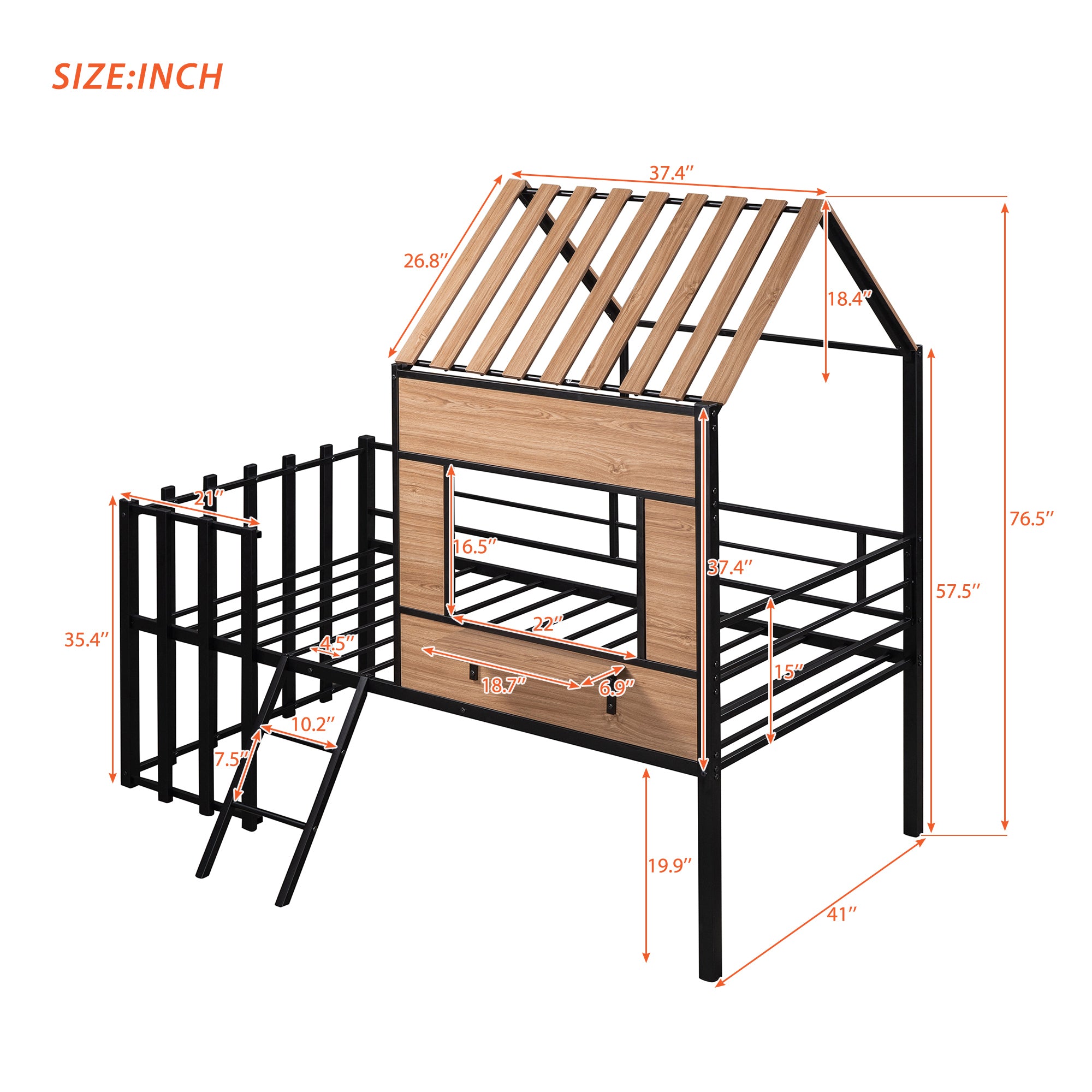 Metal Twin size Loft Bed with Roof, Window, Guardrail, Ladder Black - Atlantic Fine Furniture Melbourne FL