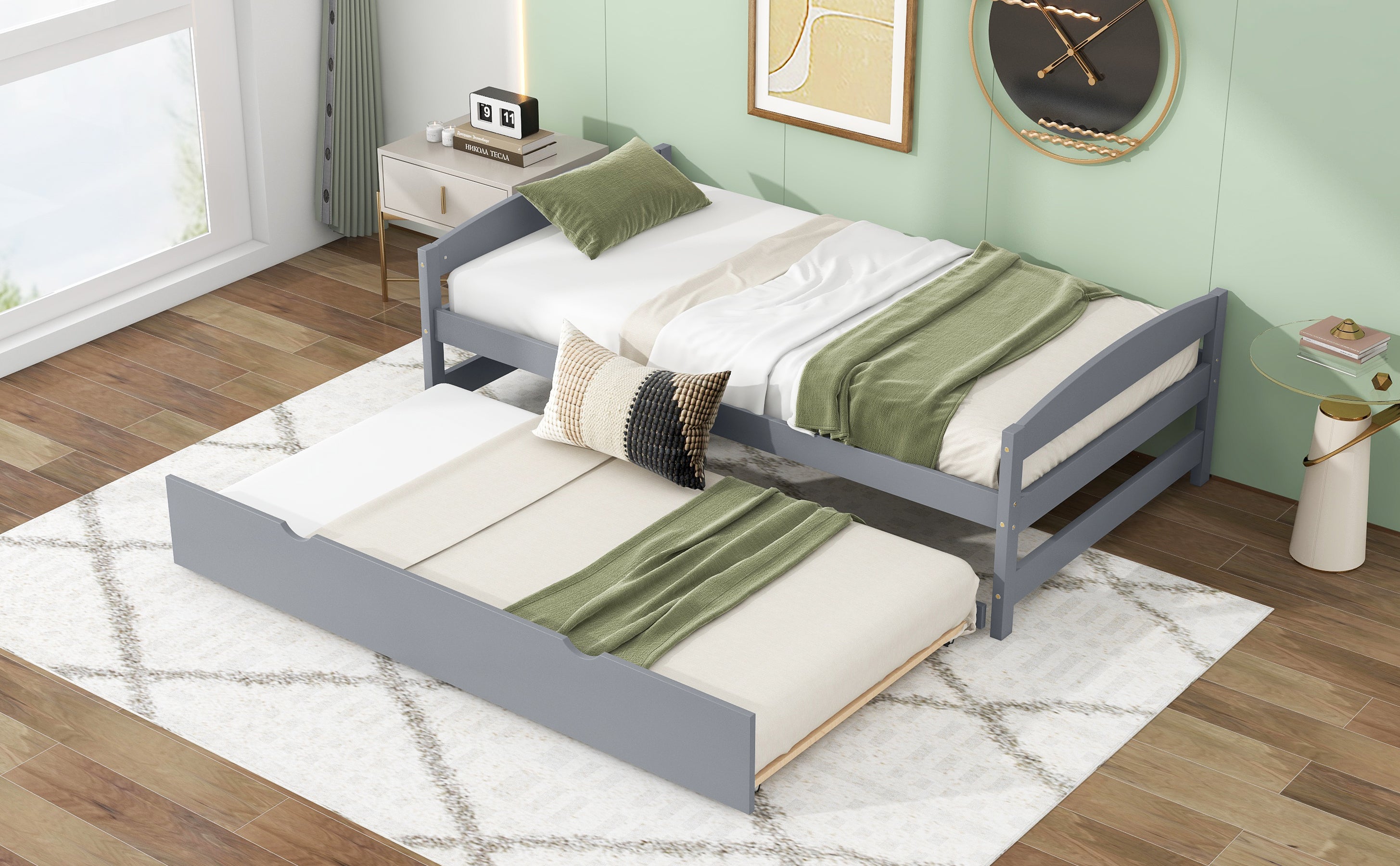 Twin Size Platform Bed with Twin Size Trundle, Gray - Atlantic Fine Furniture Melbourne FL