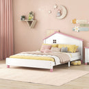 Full Size Wood Platform Bed with House-shaped Headboard  (White+Pink)