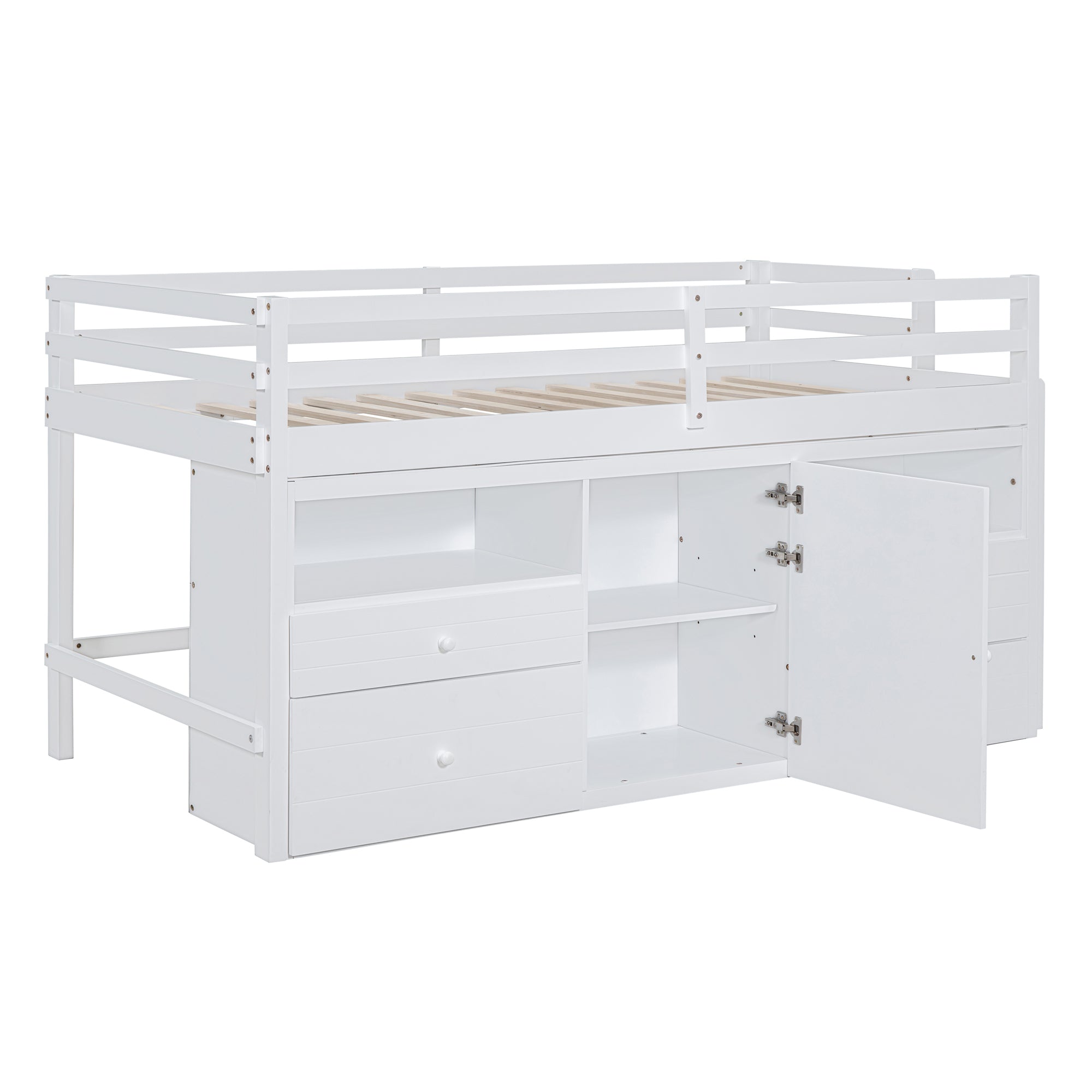 Twin Size Loft Bed with 4 Drawers, Underneath Cabinet and Shelves, White - Atlantic Fine Furniture Melbourne FL
