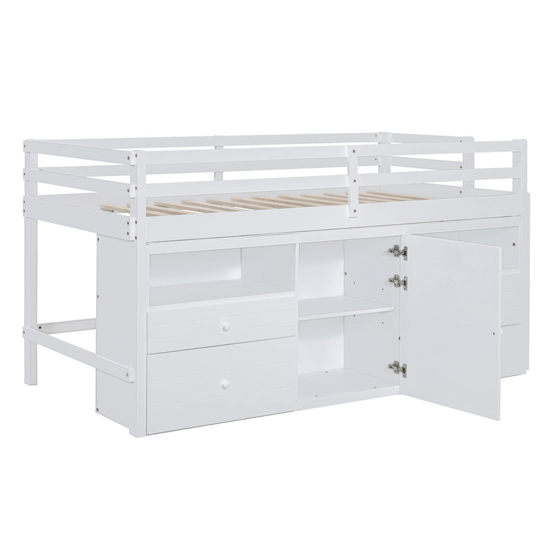 Twin Size Loft Bed with 4 Drawers, Underneath Cabinet and Shelves, White