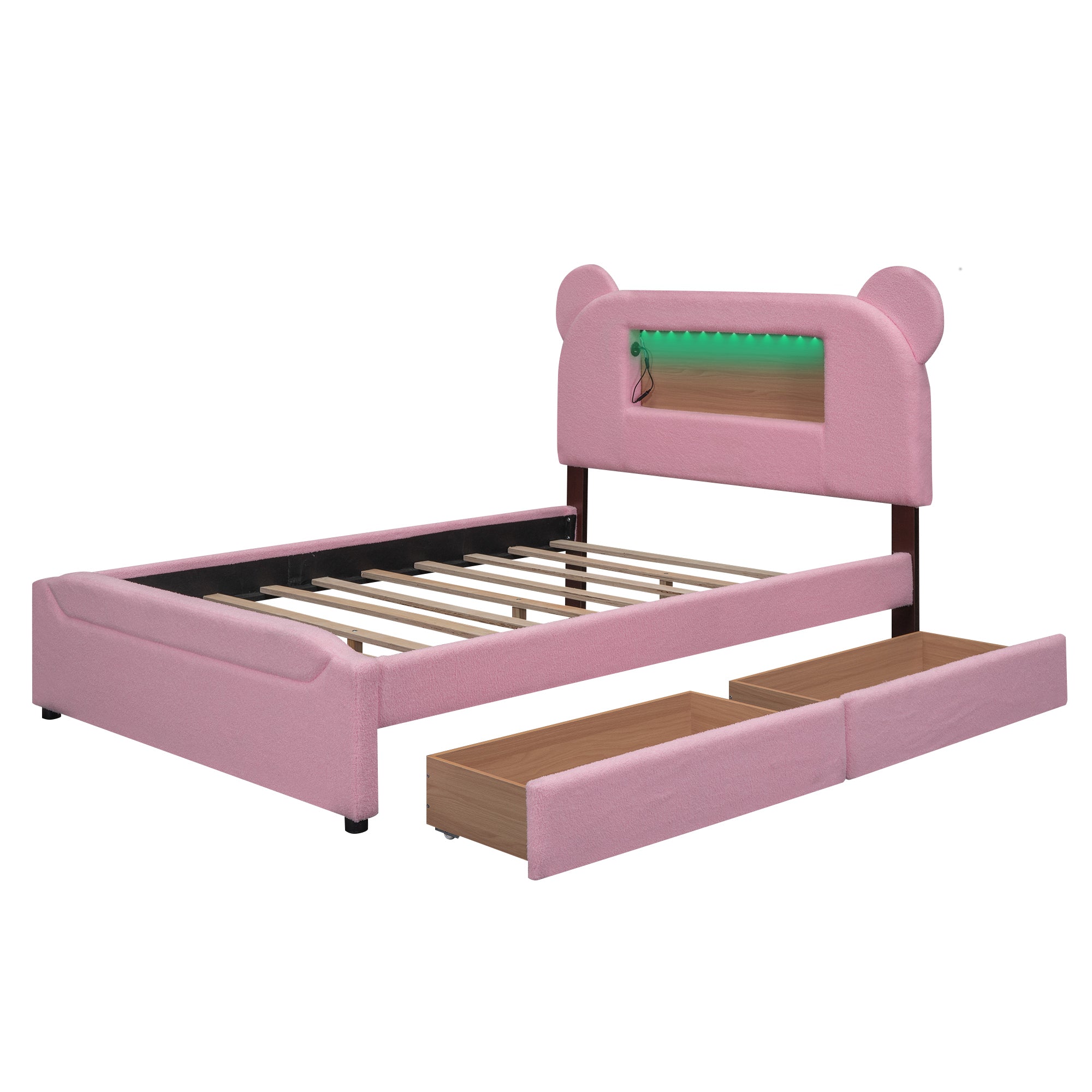 Full Size Upholstered Storage Platform Bed with Cartoon Ears Headboard, LED and USB, Pink - Atlantic Fine Furniture Melbourne FL