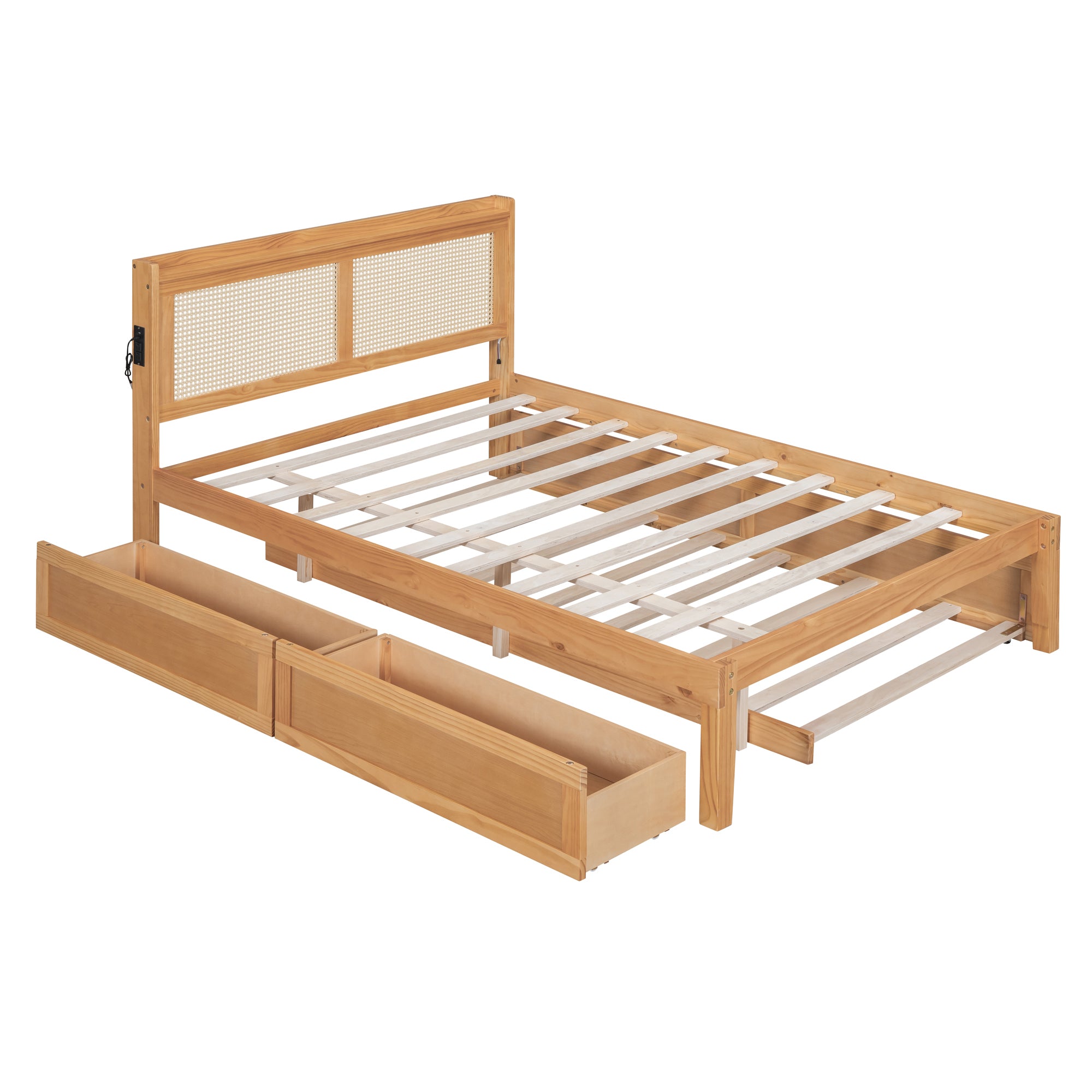 Full Size Elegant Bed Frame with Rattan Headboard and Sockets ,Walnut - Atlantic Fine Furniture Melbourne FL