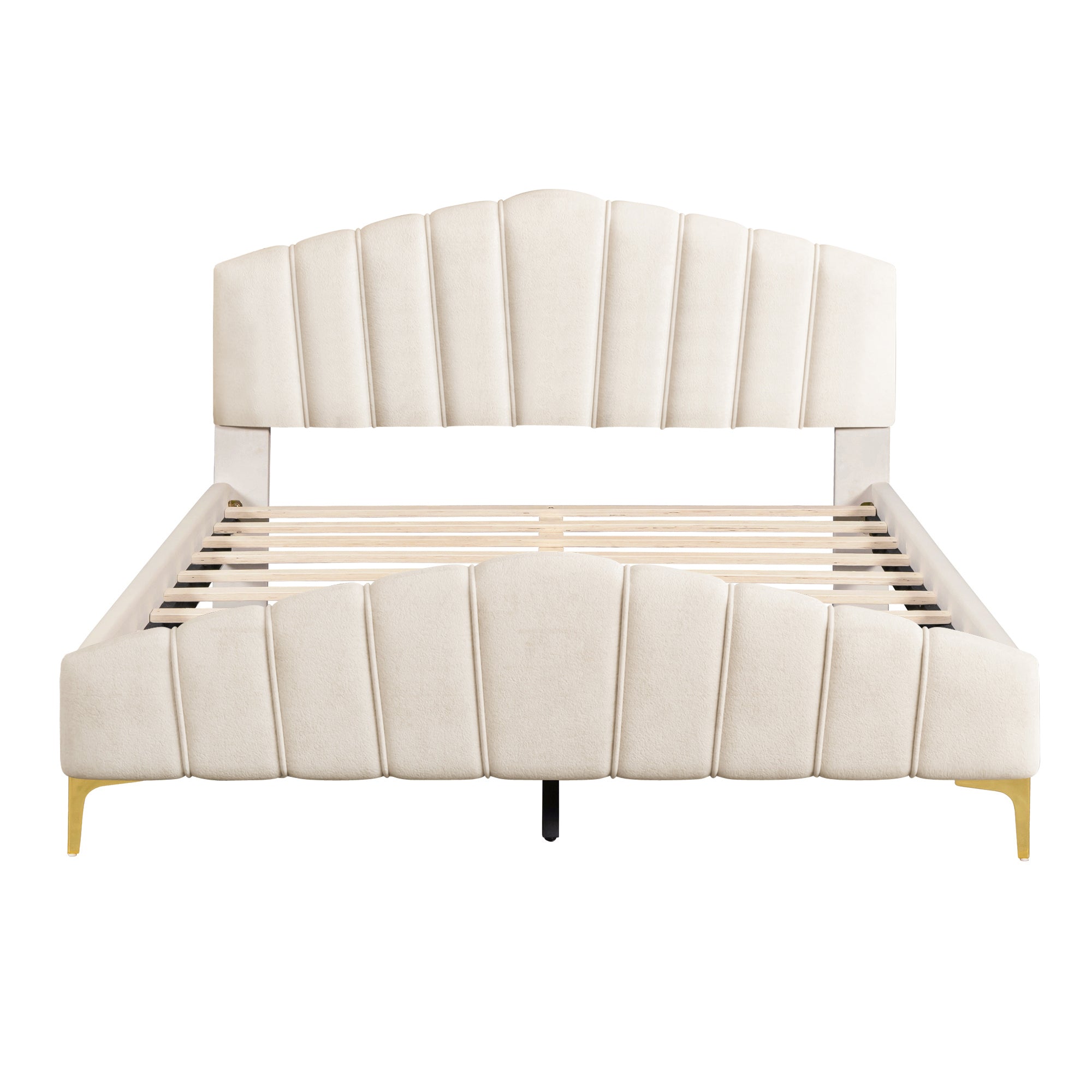 Queen Size Velvet Platform Bed with Thick Fabric, Stylish Stripe Decorated Bedboard and Elegant Metal Bed Leg, Beige - Atlantic Fine Furniture Melbourne FL