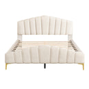 Queen Size Velvet Platform Bed with Thick Fabric, Stylish Stripe Decorated Bedboard and Elegant Metal Bed Leg, Beige