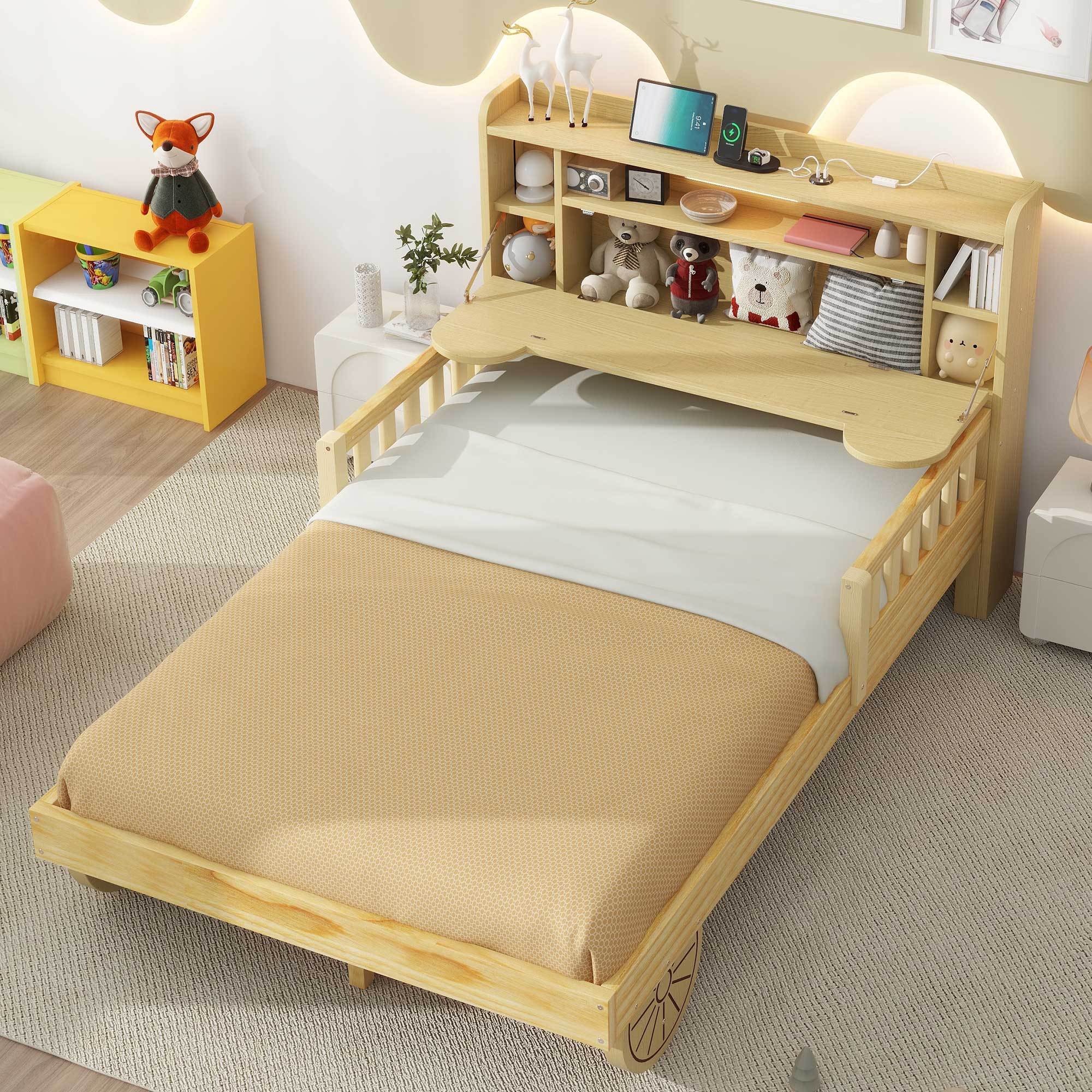 Full Size Car Bed with Bear-Shaped Headboard, USB and LED, Natural - Atlantic Fine Furniture Melbourne FL