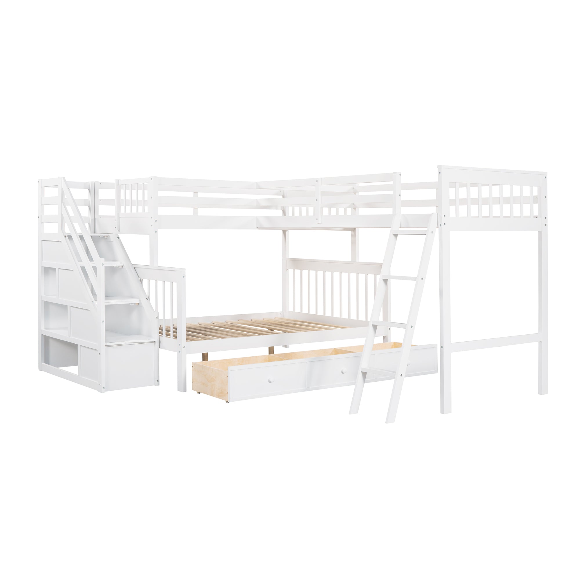 Twin over Full L-Shaped Bunk Bed With 3 Drawers, Ladder and Staircase - White - Atlantic Fine Furniture Melbourne FL