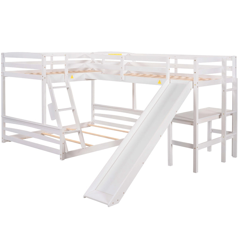 Twin over Full Bunk Bed with Twin Size Loft Bed with Desk and Slide,Full-Length Guardrail, White