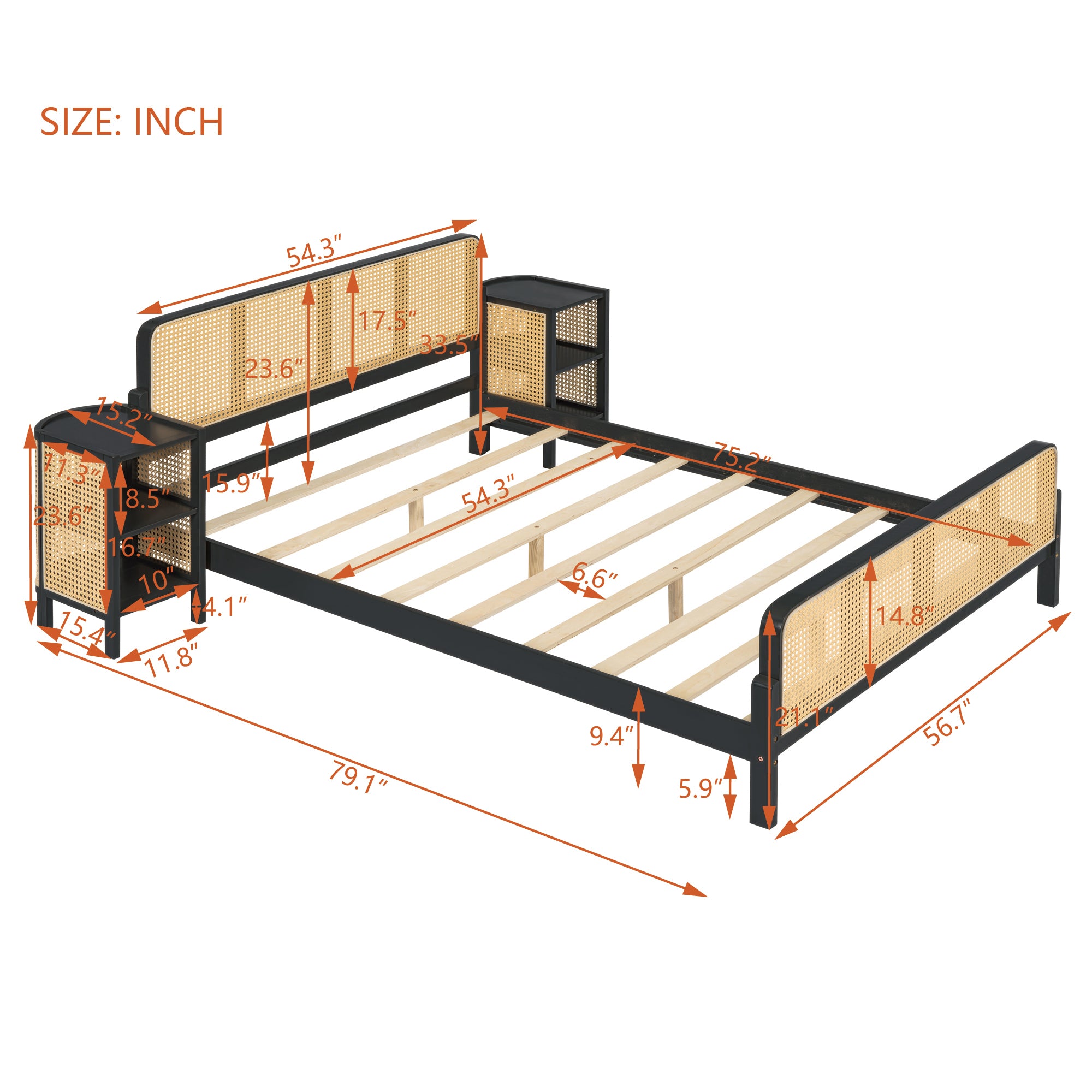 3 Pieces Rattan Platform Full Size Bed With 2 Nightstands,Espresso - Atlantic Fine Furniture Melbourne FL