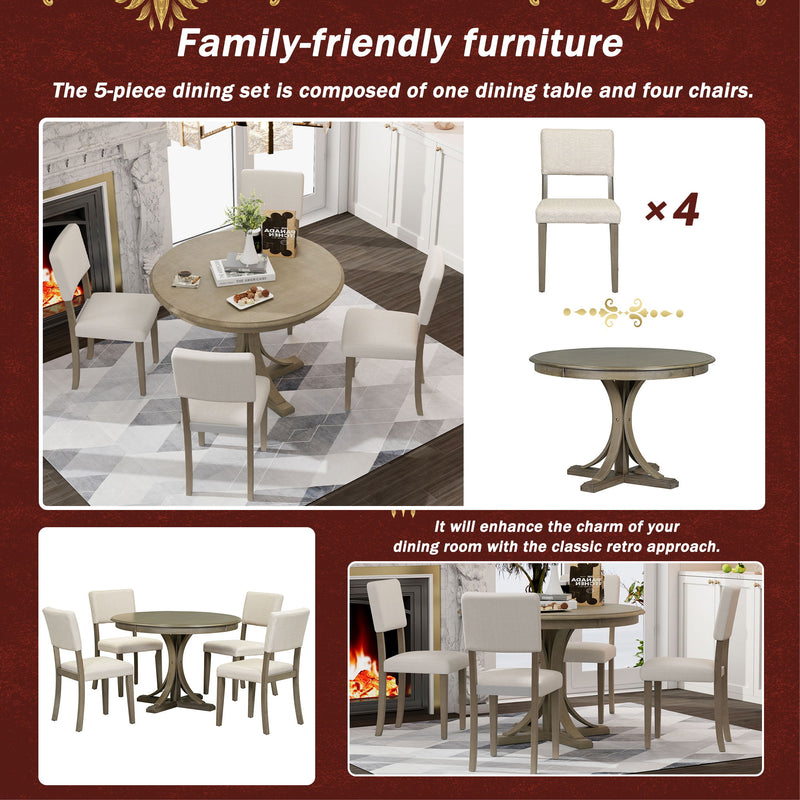 Retro Round Dining Table Set With Curved Trestle Style Table Legs And Upholstered Chairs For Dining Room