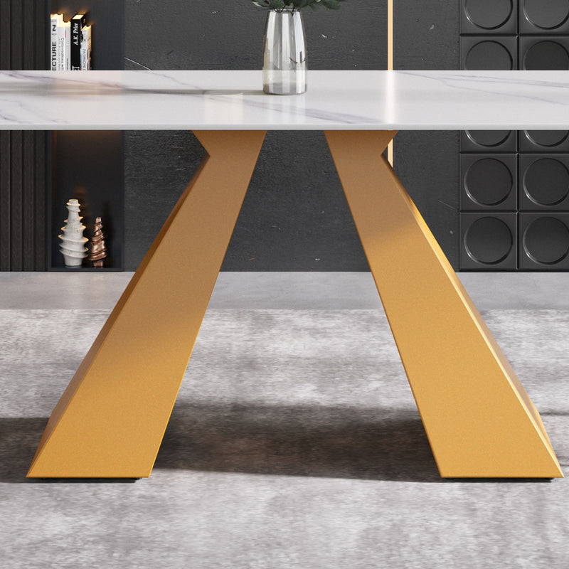 63" Modern Artificial Stone Straight Edge Golden Metal Leg Dining Table - White / Gold