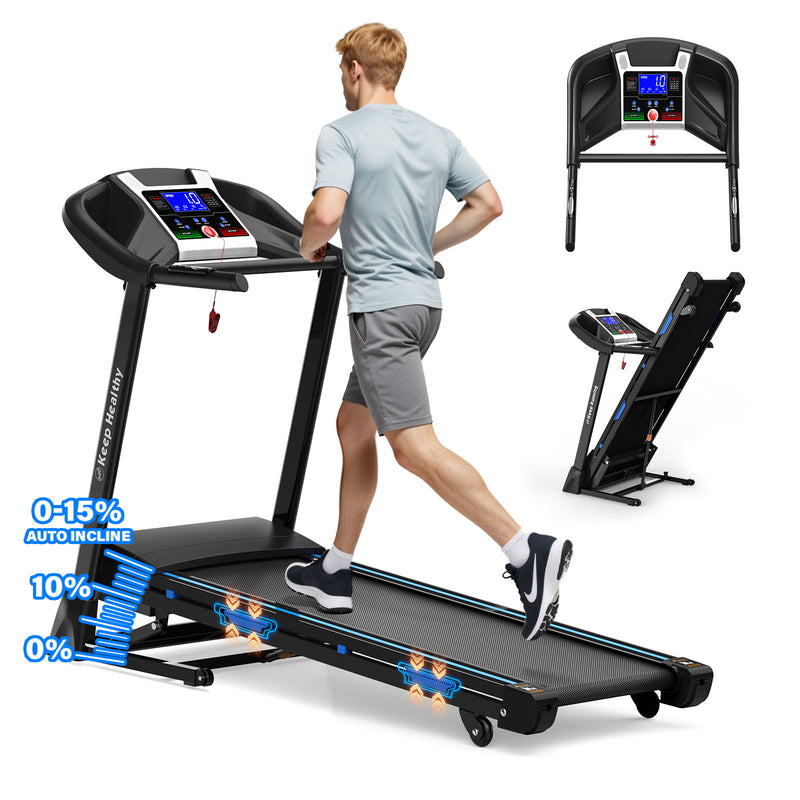 Treadmills For Home, Electric Treadmill With Automatic Incline, Foldable 3.5Hp Workout Running Machine Walking, Double Running Board Shock Absorption Pulse Sensor Bluetooth Speaker App Fitshow - Black
