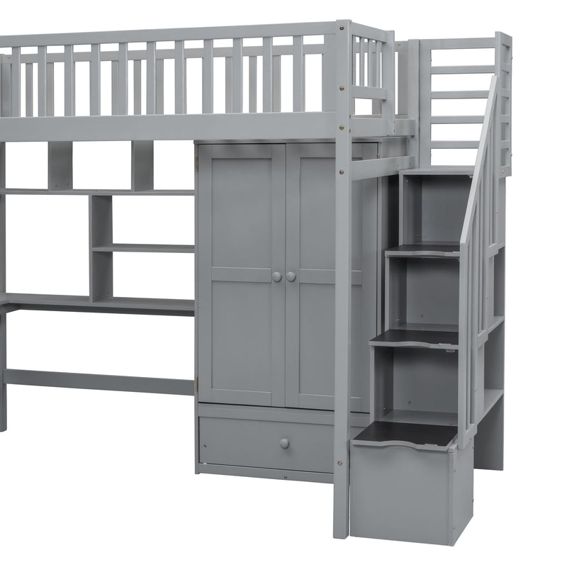 Twin Size Loft Bed With Bookshelf, Drawers, Desk, And Wardrobe - Gray