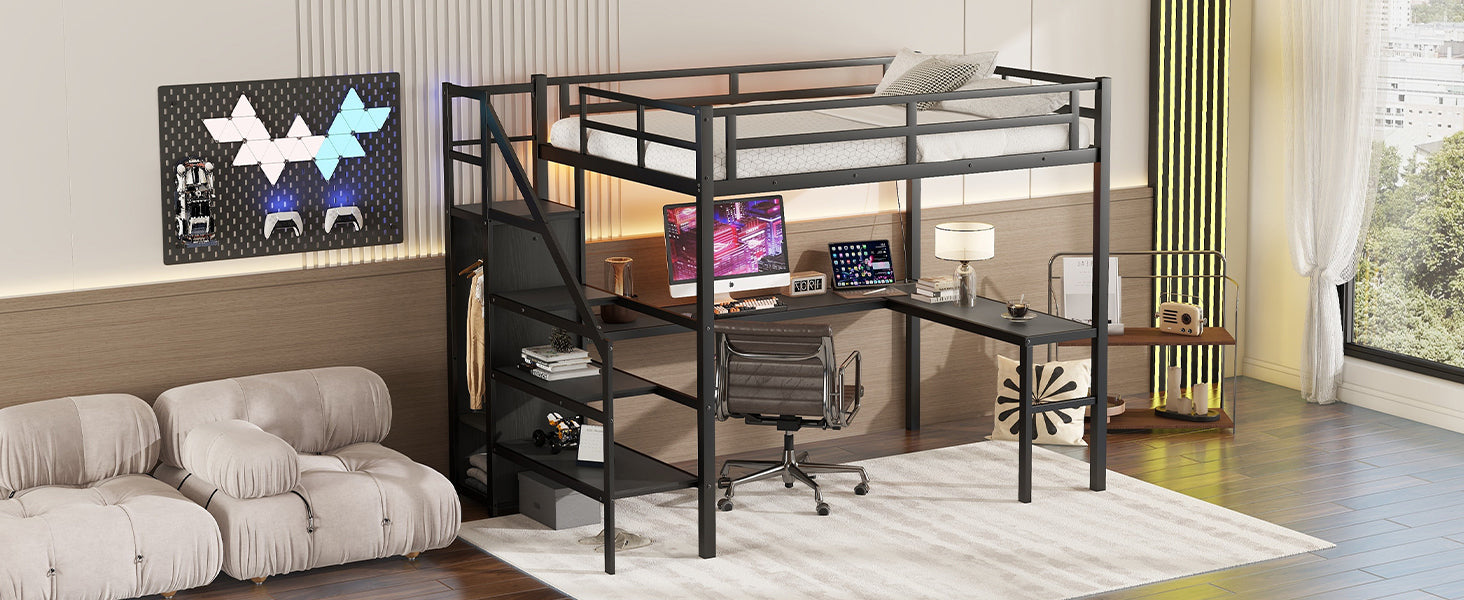 Full Size Loft Bed with L-shaped Desk and USB, Metal Loft Bed with Wardrobe and Adjustable Shelf, High Loft Bed with LED for Kids Teens Adults, Black