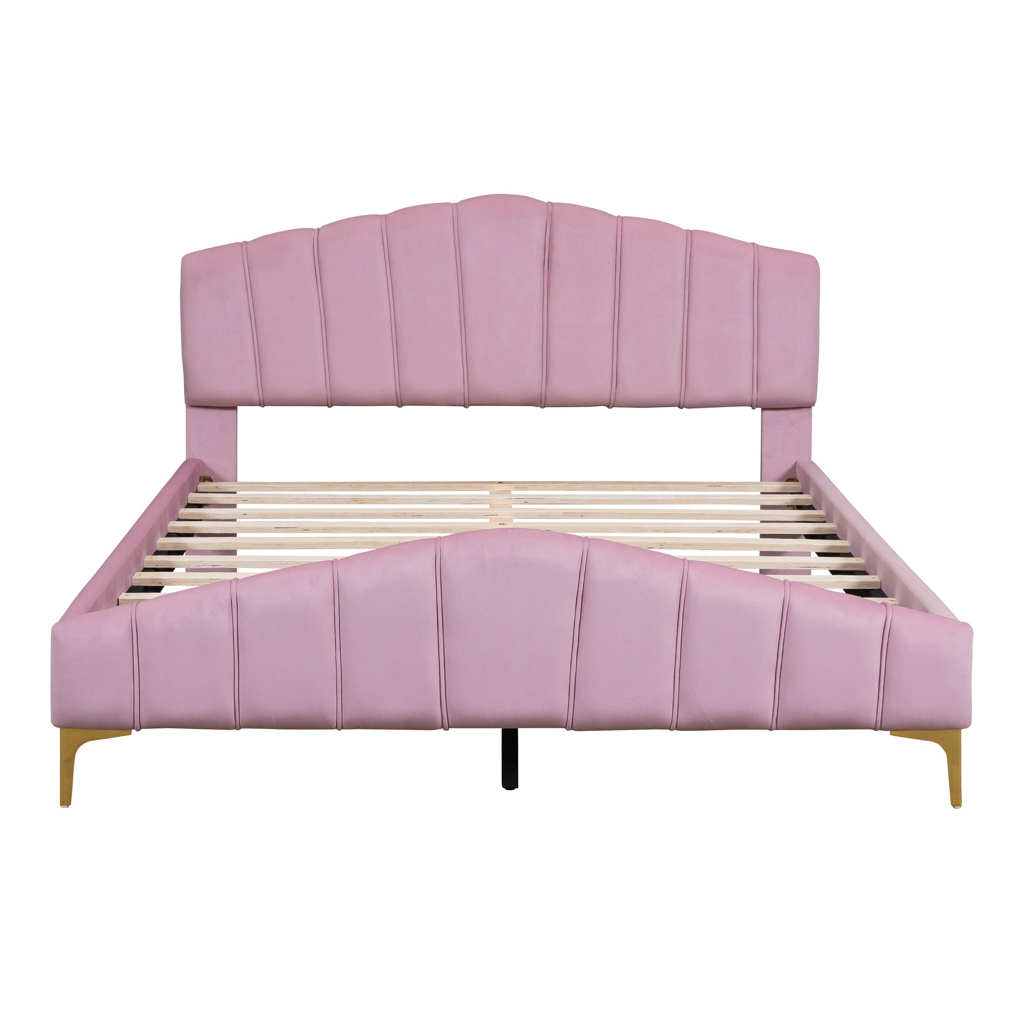 Queen Size Velvet Platform Bed with Thick Fabric, Stylish Stripe Decorated Bedboard and Elegant Metal Bed Leg, Pink - Atlantic Fine Furniture Melbourne FL