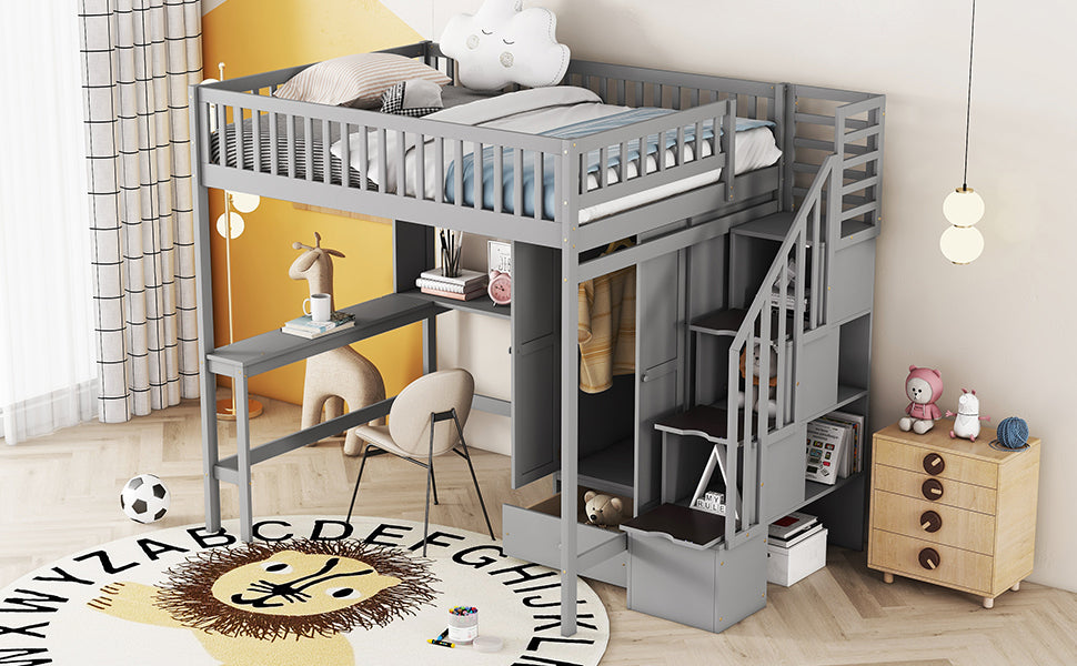 Full size Loft Bed with Bookshelf,Drawers,Desk,and Wardrobe-Gray - Atlantic Fine Furniture Melbourne FL