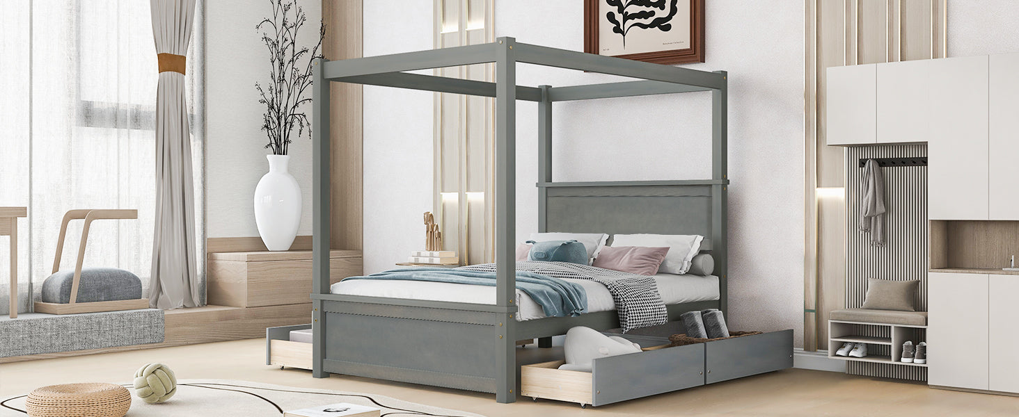 Wood Canopy Bed with four Drawers ,Full Size Canopy Platform Bed With Support Slats .No Box Spring Needed, Brushed Gray - Atlantic Fine Furniture Melbourne FL