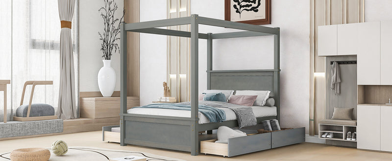 Wood Canopy Bed with four Drawers ,Full Size Canopy Platform Bed With Support Slats .No Box Spring Needed, Brushed Gray