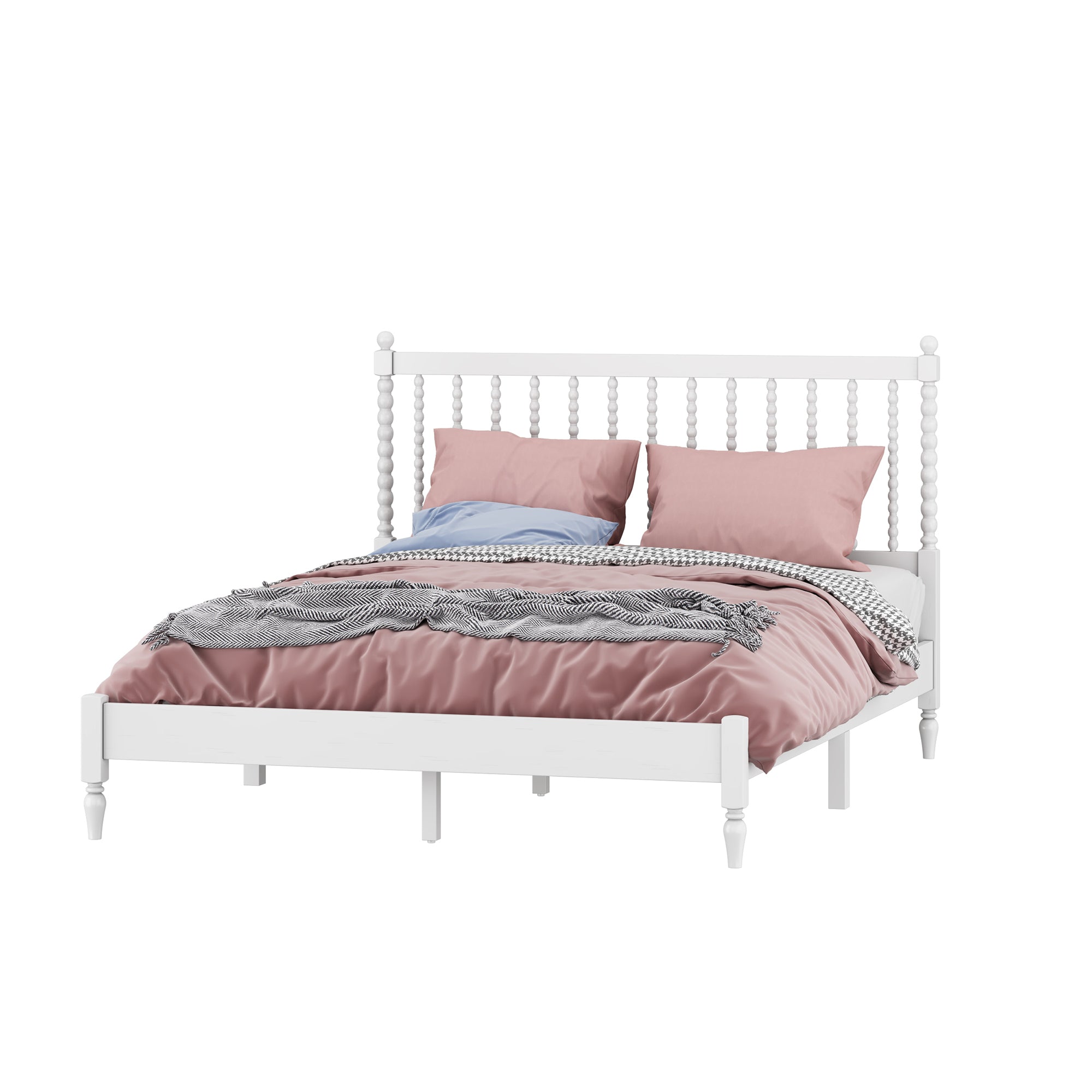 Queen Size Wood Platform Bed with Gourd Shaped Headboard, Antique White