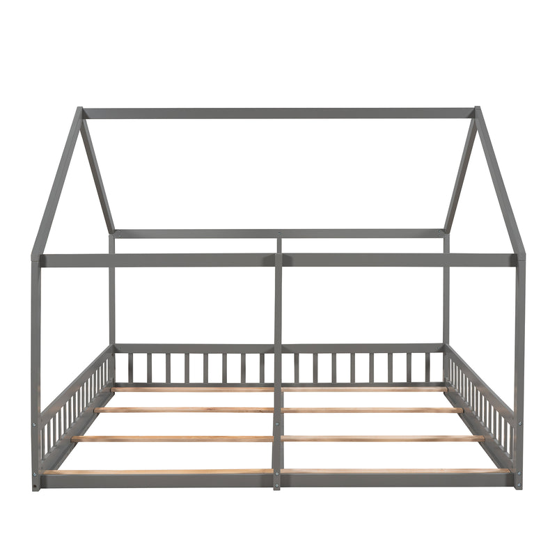 Twin Size House Platform Beds,Two Shared Beds, Gray