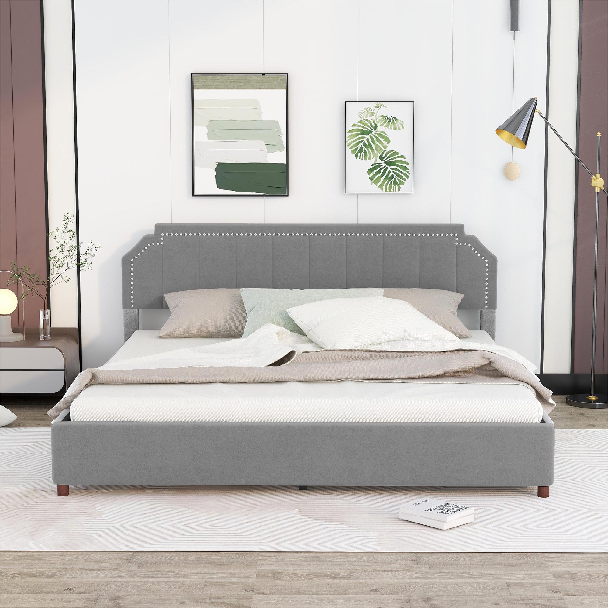 King Size Upholstery Platform Bed with Four Storage Drawers,Support Legs,Grey - Atlantic Fine Furniture Melbourne FL