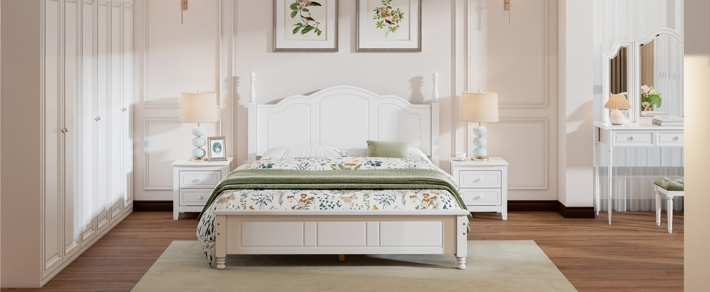 Queen Size Wood Platform Bed Frame,Retro Style Platform Bed with Wooden Slat Support,White - Atlantic Fine Furniture Melbourne FL