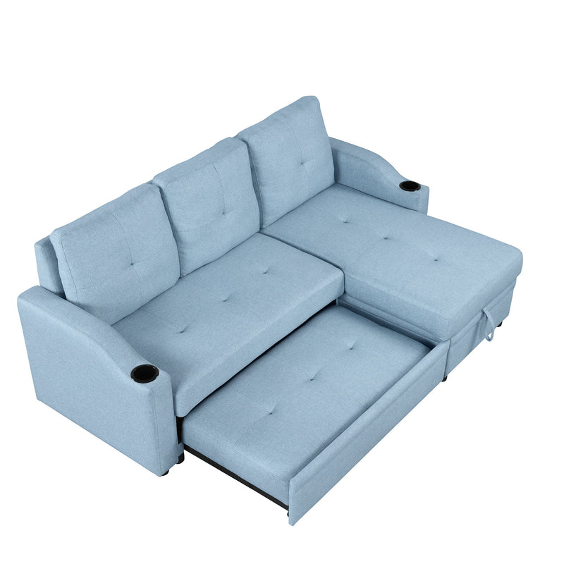 Pull Out Sofa Bed Modern Padded Upholstered Sofa Bed, Linen Fabric 3 Seater Couch With Storage Chaise And Cup Holder, Small Couch For Small Spaces