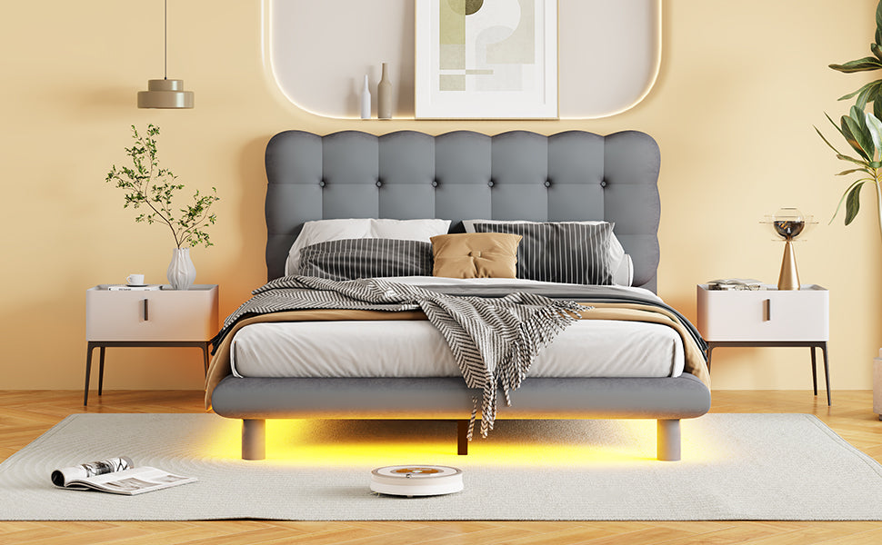 Full Size Velvet Platform Bed with LED Frame, Thick & Soft Fabric and Button-tufted Design Headboard, Gray - Atlantic Fine Furniture Melbourne FL