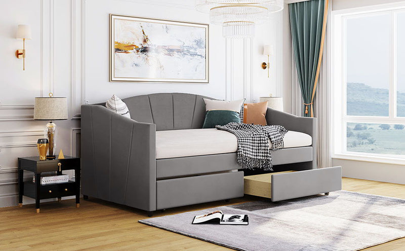 Upholstered Daybed With Two Drawers And Wood Slat