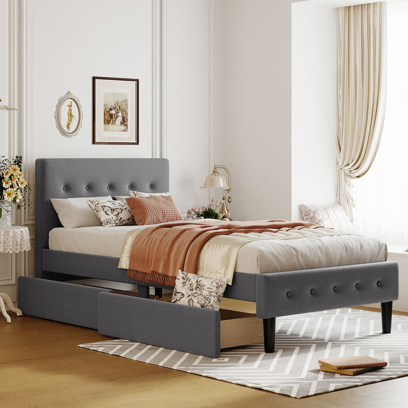 Twin Size Upholstered Platform Bed with 2 Drawers, Gray