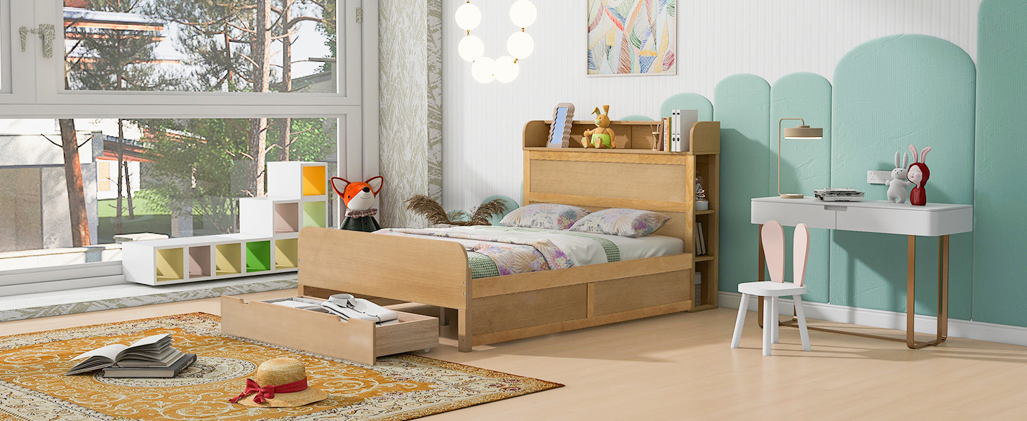 Full Size Platform Bed with Storage Headboard and a Big Drawer, Wood Color - Atlantic Fine Furniture Melbourne FL