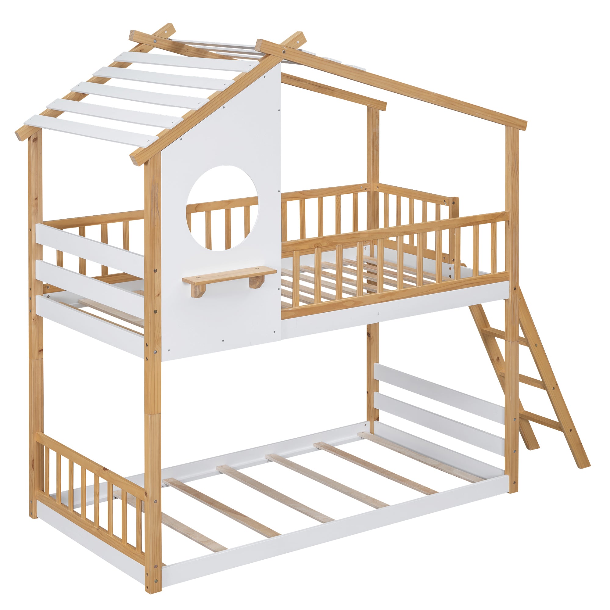 Twin Over Twin Bunk Bed Wood Bed with Roof, Window, Ladder,Natural(OLD SKU :LT100008AAD) - Atlantic Fine Furniture Melbourne FL
