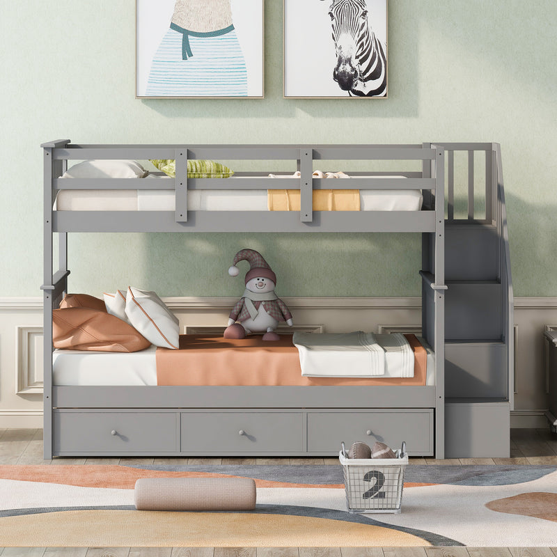 Stairway Twin-Over-Twin Bunk Bed with Three Drawers for Bedroom, Dorm - Gray(Old SKU: LP000309AAE)