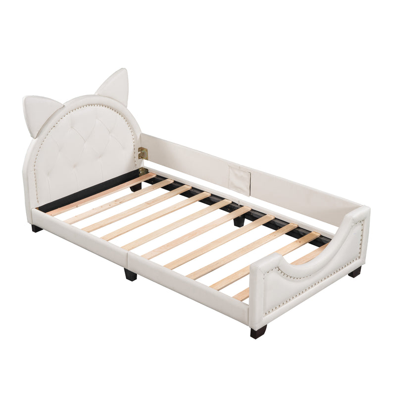 Twin Size Upholstered Daybed with Carton Ears Shaped Headboard, White